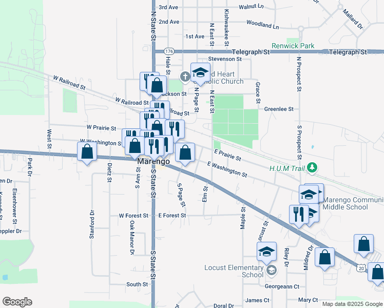 map of restaurants, bars, coffee shops, grocery stores, and more near 304 East Washington Street in Marengo