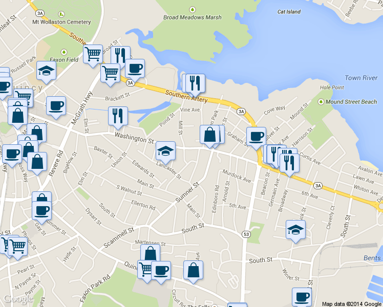 map of restaurants, bars, coffee shops, grocery stores, and more near 363-369 Washington Street in Quincy