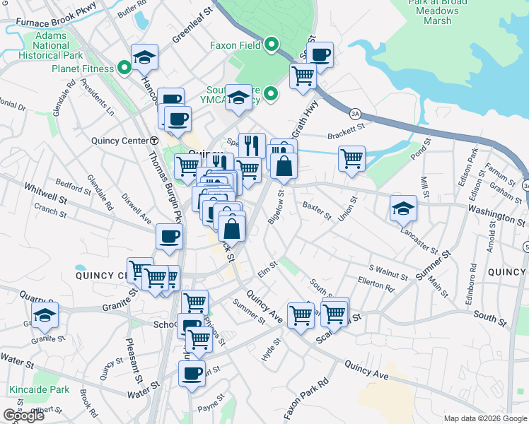 map of restaurants, bars, coffee shops, grocery stores, and more near 43 Dennis Ryan Parkway in Quincy