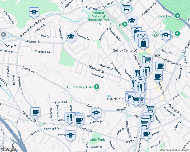 map of restaurants, bars, coffee shops, grocery stores, and more near 7 Rockview Road in Quincy