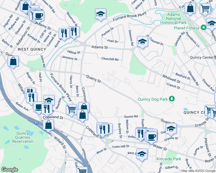 map of restaurants, bars, coffee shops, grocery stores, and more near in Quincy