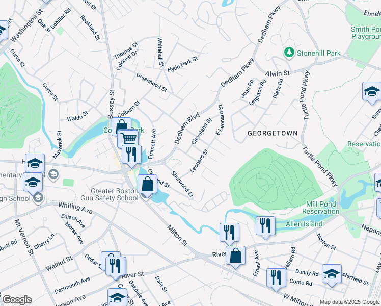 map of restaurants, bars, coffee shops, grocery stores, and more near 10 Birch Street in Dedham