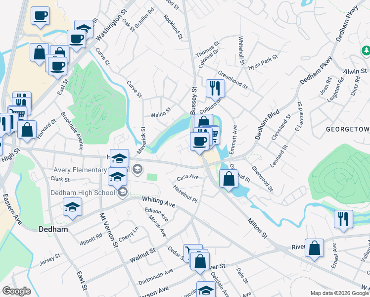 map of restaurants, bars, coffee shops, grocery stores, and more near 215 Bussey Street in Dedham