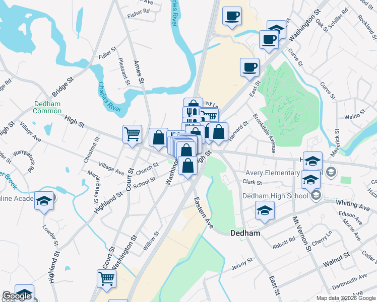 map of restaurants, bars, coffee shops, grocery stores, and more near 22 Harris Street in Dedham