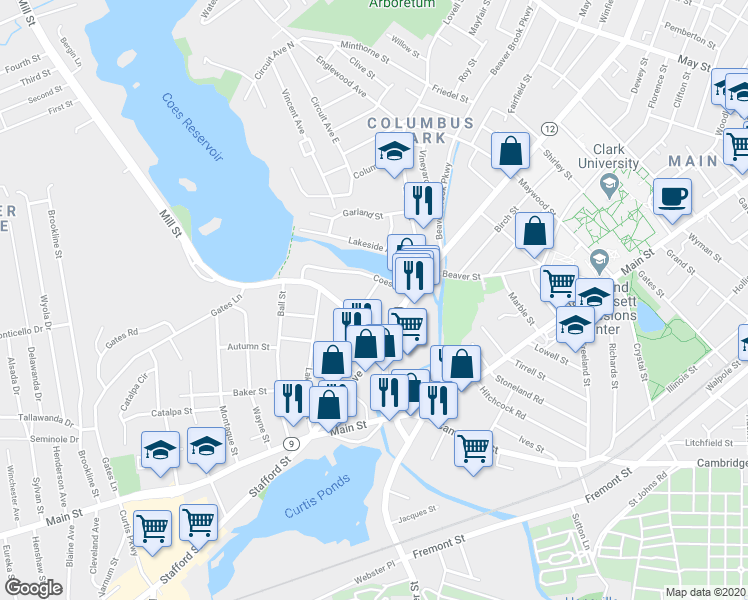 map of restaurants, bars, coffee shops, grocery stores, and more near 22 Coes Street in Worcester