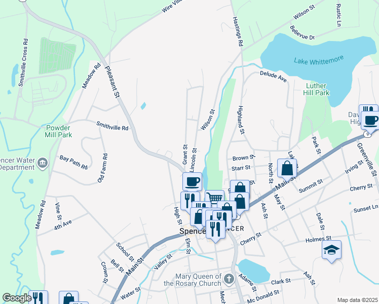 map of restaurants, bars, coffee shops, grocery stores, and more near 25 Lincoln Street in Spencer