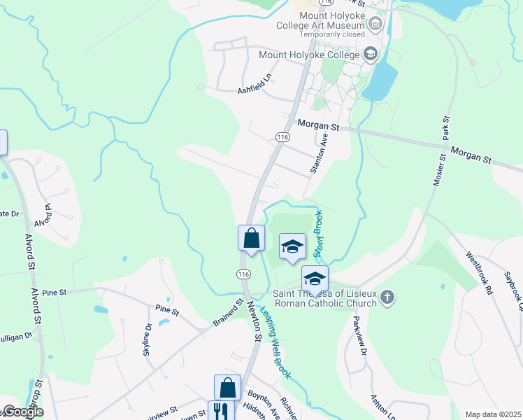 map of restaurants, bars, coffee shops, grocery stores, and more near 114 College Street in South Hadley