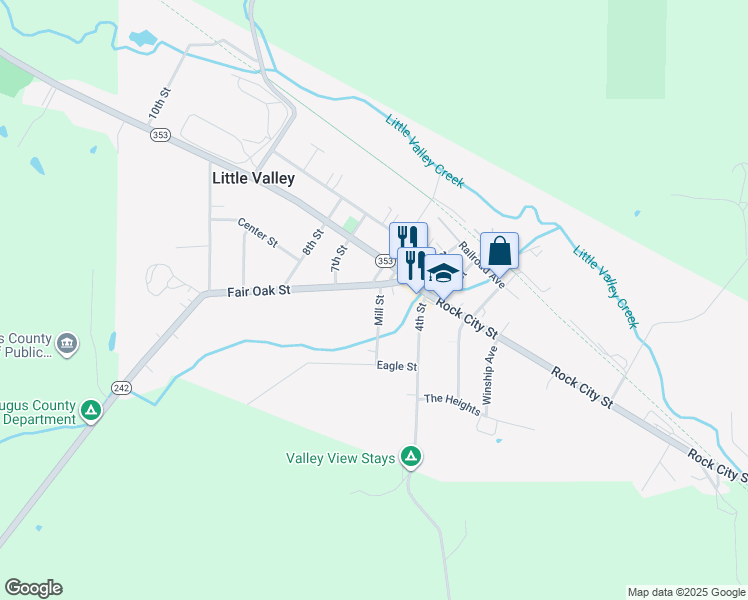 map of restaurants, bars, coffee shops, grocery stores, and more near 212 Fair Oak Street in Little Valley