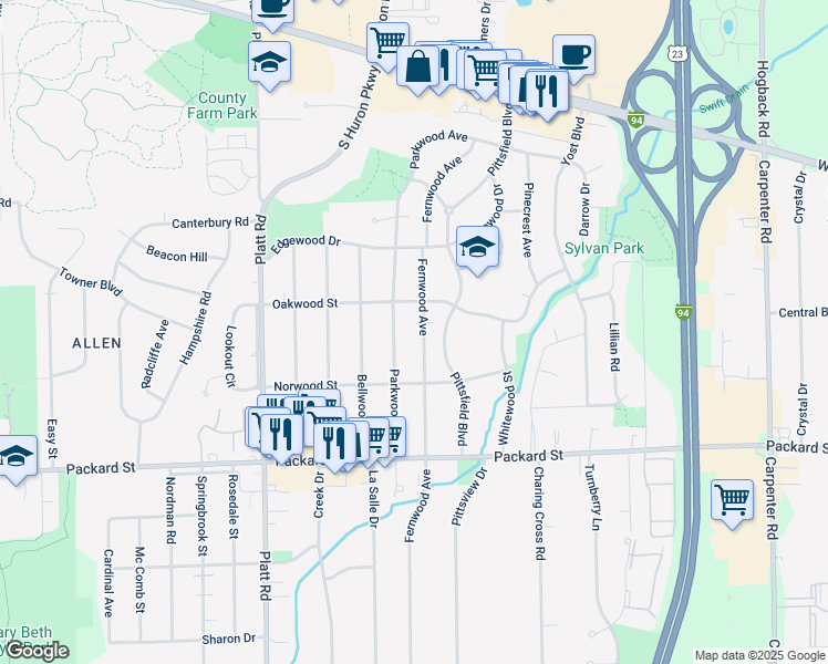 map of restaurants, bars, coffee shops, grocery stores, and more near 2652 Fernwood Avenue in Ann Arbor