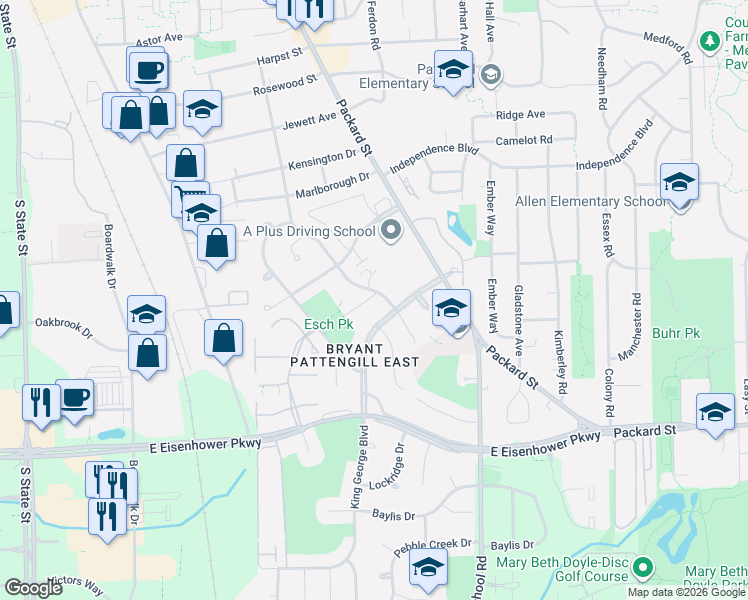 map of restaurants, bars, coffee shops, grocery stores, and more near 2771 Page Avenue in Ann Arbor
