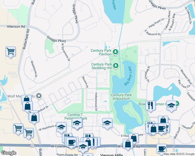 map of restaurants, bars, coffee shops, grocery stores, and more near 15 Echo Court in Vernon Hills