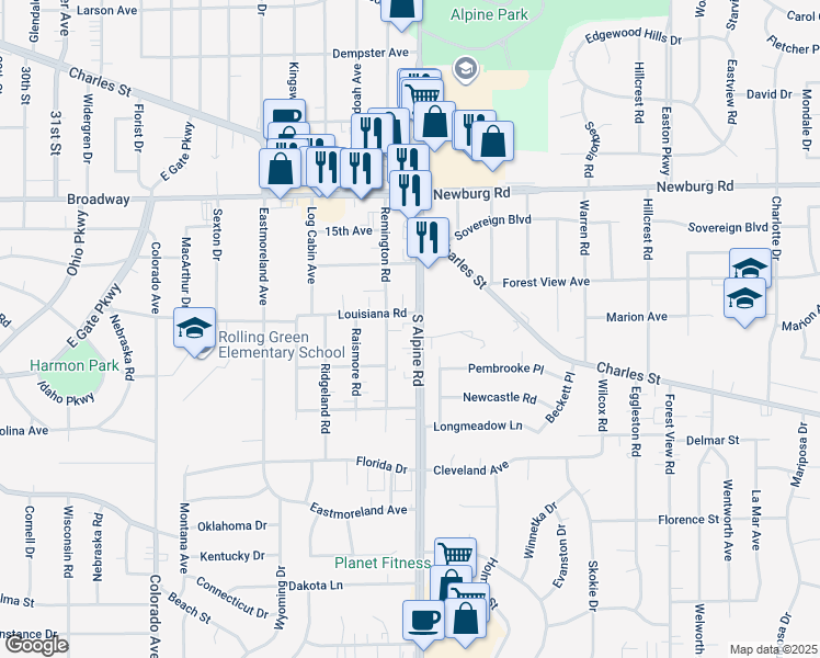 map of restaurants, bars, coffee shops, grocery stores, and more near 1805 South Alpine Road in Rockford
