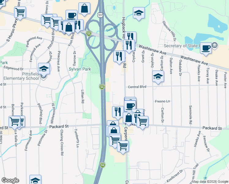 map of restaurants, bars, coffee shops, grocery stores, and more near 3811 Sparrow Wood Drive in Ann Arbor
