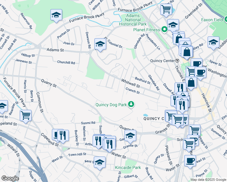 map of restaurants, bars, coffee shops, grocery stores, and more near 6 Curtis Street in Quincy