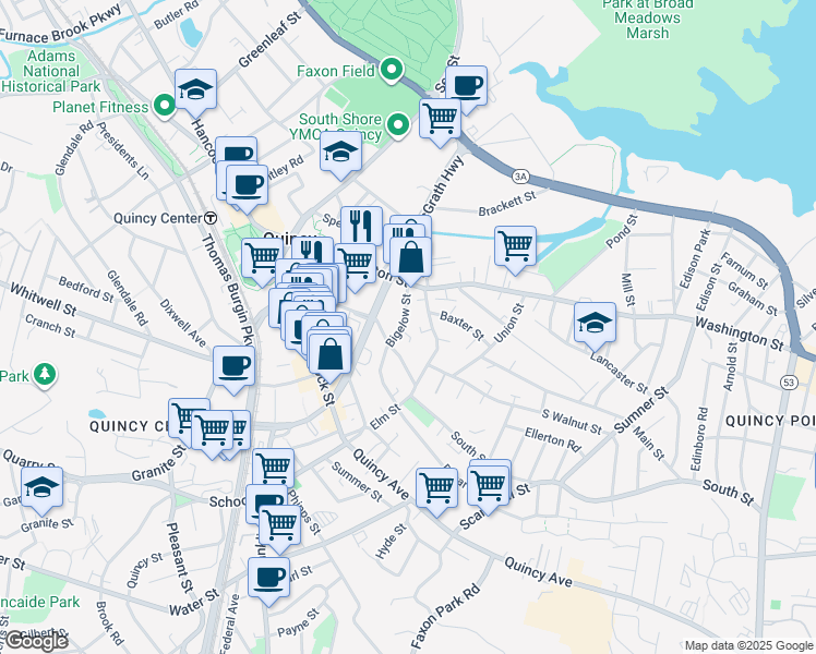 map of restaurants, bars, coffee shops, grocery stores, and more near 40 Bigelow Street in Quincy