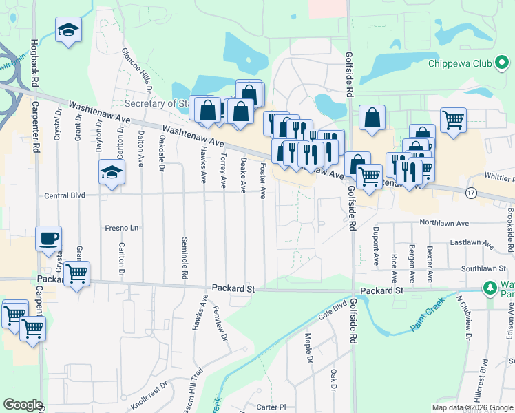 map of restaurants, bars, coffee shops, grocery stores, and more near 2634 Foster Avenue in Ann Arbor
