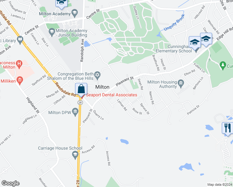 map of restaurants, bars, coffee shops, grocery stores, and more near 18 Lyman Road in Milton