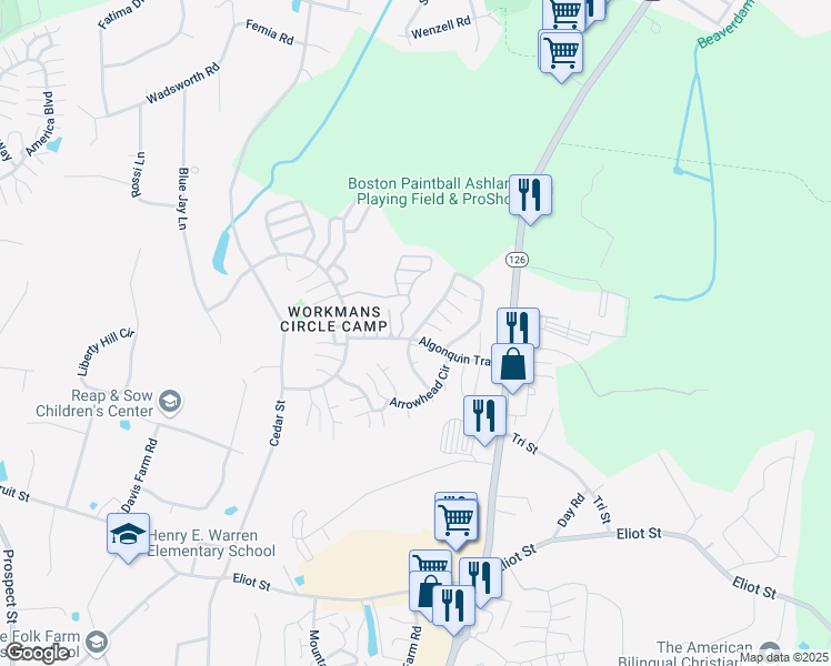 map of restaurants, bars, coffee shops, grocery stores, and more near 9 Half Crown Circle in Ashland