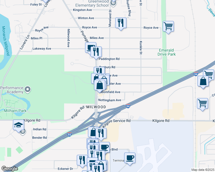 map of restaurants, bars, coffee shops, grocery stores, and more near 1714 Dorchester Avenue in Kalamazoo