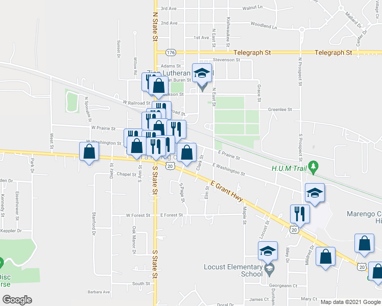 map of restaurants, bars, coffee shops, grocery stores, and more near 304 East Washington Street in Marengo