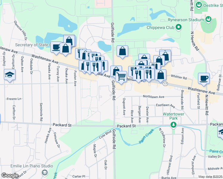 map of restaurants, bars, coffee shops, grocery stores, and more near 2700 Golfside Road in Ann Arbor