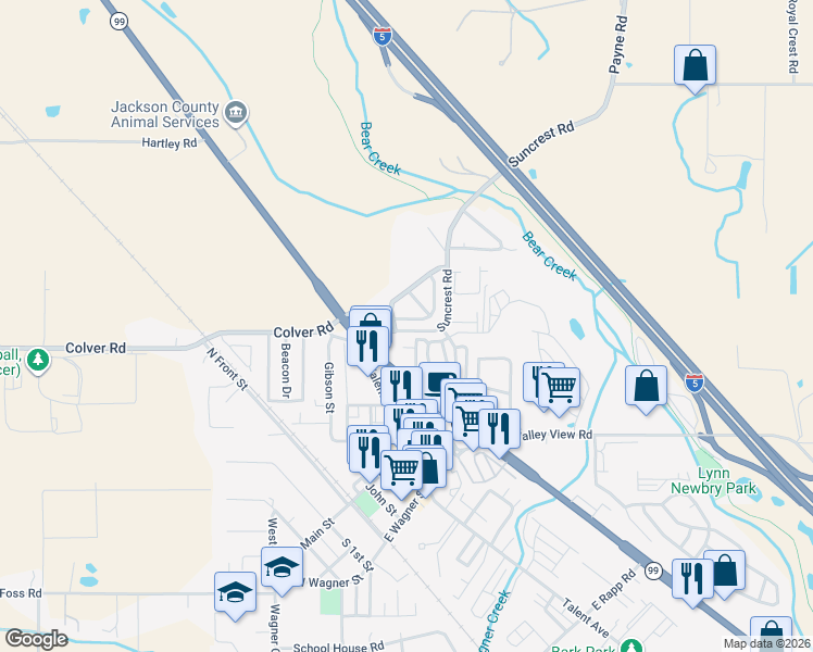 map of restaurants, bars, coffee shops, grocery stores, and more near 109 Suncrest Road in Talent