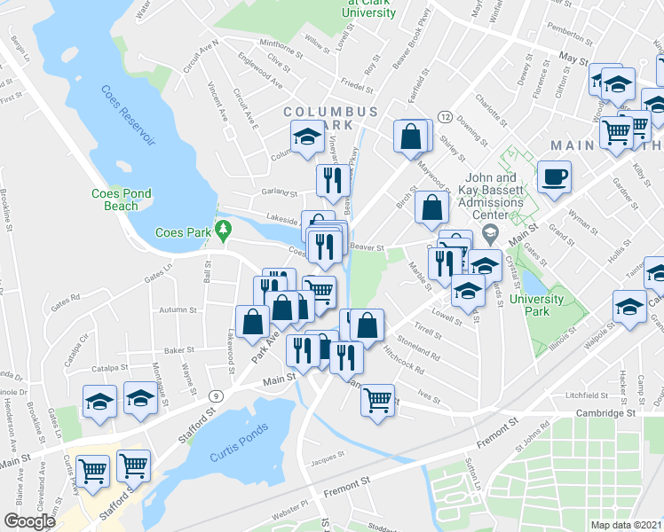 map of restaurants, bars, coffee shops, grocery stores, and more near 589 Park Avenue in Worcester