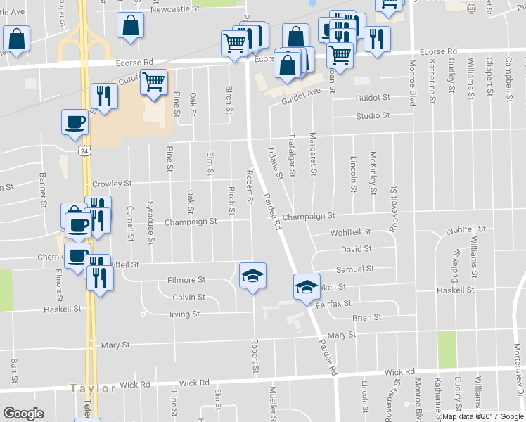 map of restaurants, bars, coffee shops, grocery stores, and more near 8126 Pardee Road in Taylor