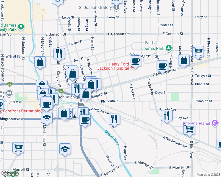 map of restaurants, bars, coffee shops, grocery stores, and more near 823 Interstate 94 Business Loop in Jackson