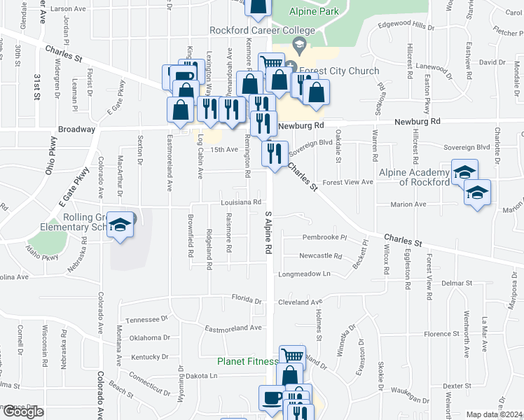 map of restaurants, bars, coffee shops, grocery stores, and more near 1807 South Alpine Road in Rockford