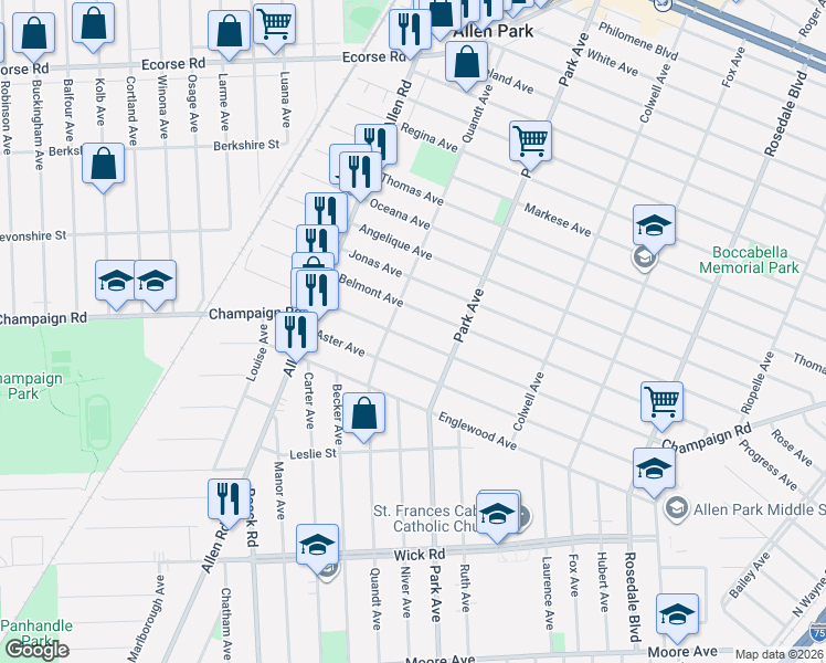 map of restaurants, bars, coffee shops, grocery stores, and more near 15590 Champaign Road in Allen Park