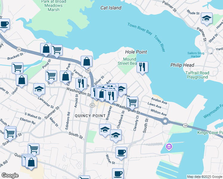 map of restaurants, bars, coffee shops, grocery stores, and more near 21 Curtis Avenue in Quincy