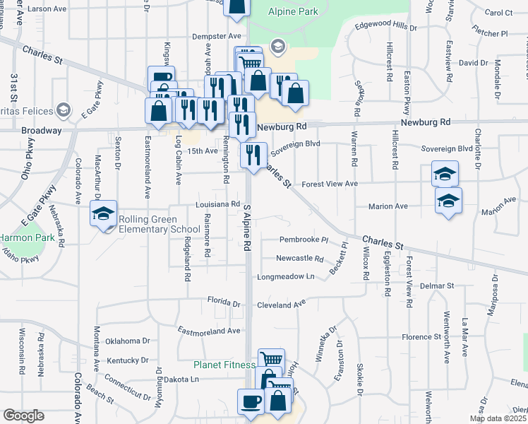 map of restaurants, bars, coffee shops, grocery stores, and more near 4520 Apple Orchard Lane in Rockford