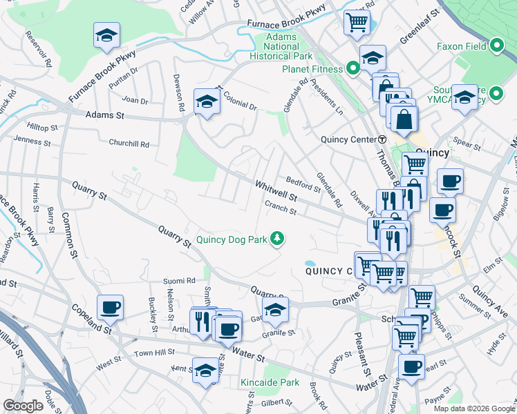 map of restaurants, bars, coffee shops, grocery stores, and more near 7 Rockview Road in Quincy