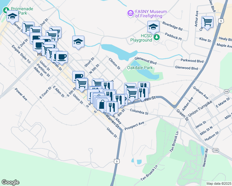 map of restaurants, bars, coffee shops, grocery stores, and more near 76 North 7th Street in Hudson
