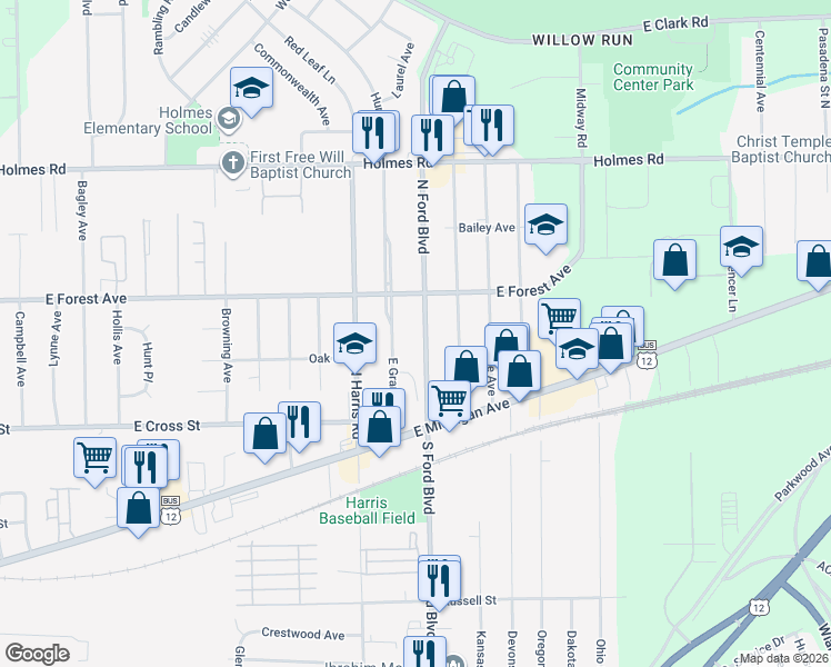 map of restaurants, bars, coffee shops, grocery stores, and more near 554 East Grand Boulevard in Ypsilanti
