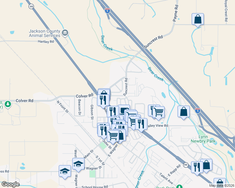 map of restaurants, bars, coffee shops, grocery stores, and more near 109 Suncrest Road in Talent