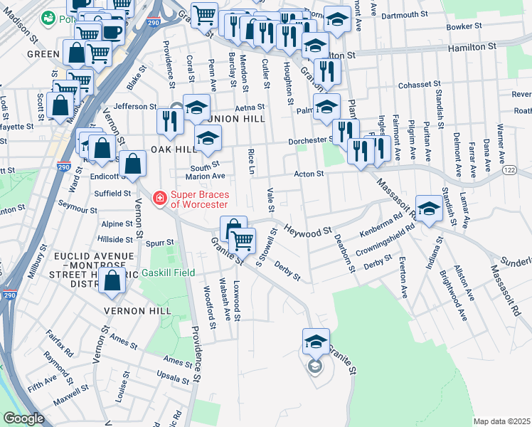 map of restaurants, bars, coffee shops, grocery stores, and more near 118 Vale Street in Worcester