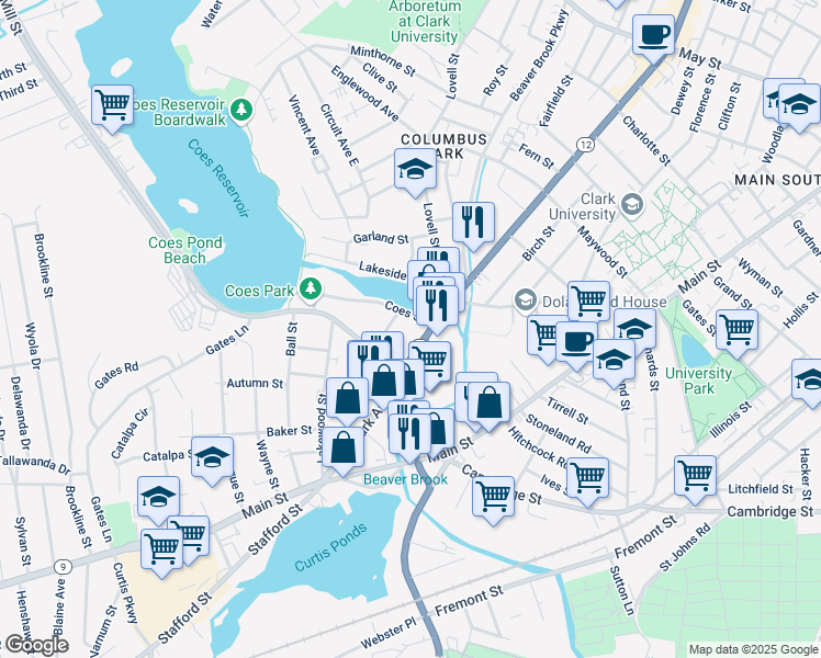 map of restaurants, bars, coffee shops, grocery stores, and more near 22 Coes Street in Worcester