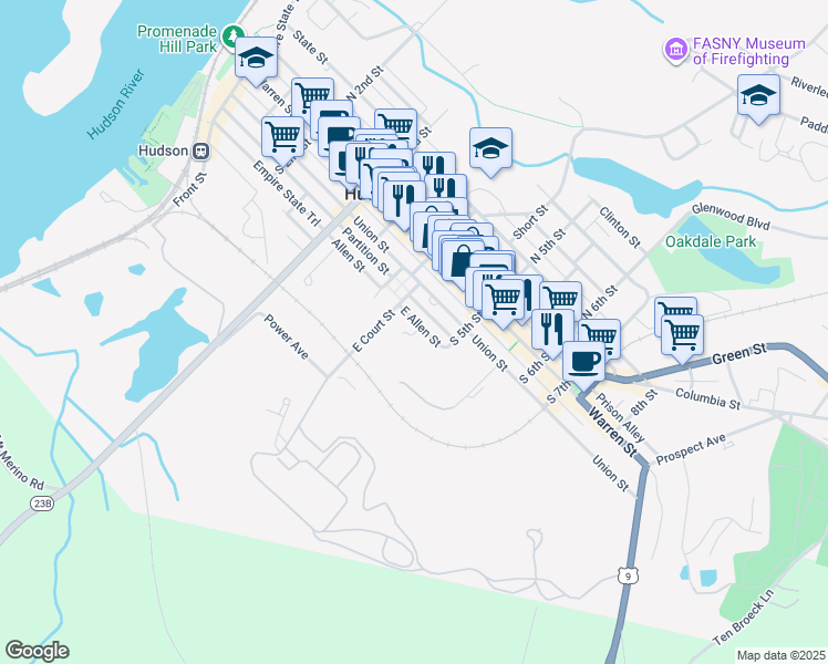 map of restaurants, bars, coffee shops, grocery stores, and more near 431-33 Allen St in Hudson