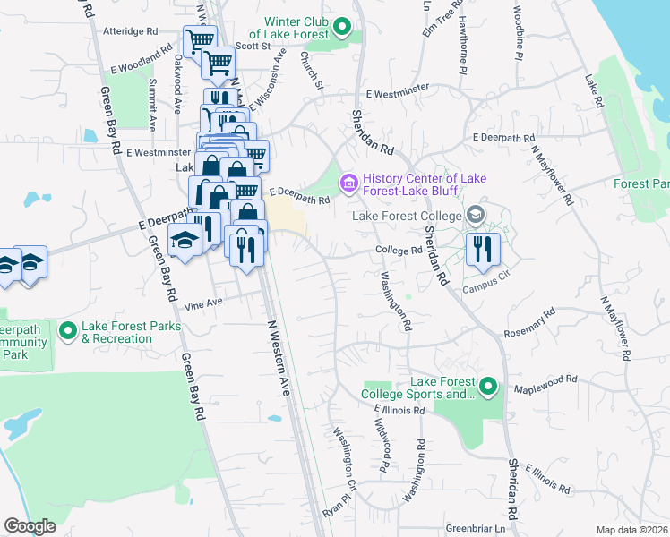 map of restaurants, bars, coffee shops, grocery stores, and more near 430 East Illinois Road in Lake Forest