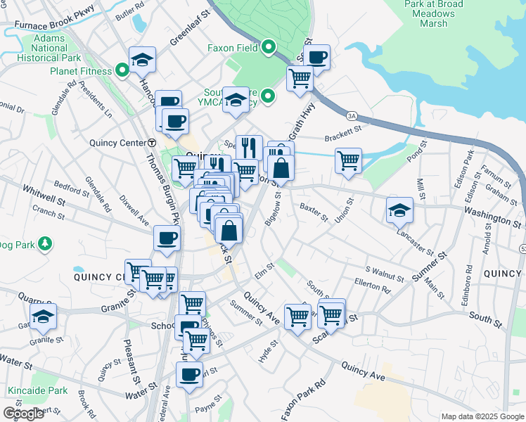 map of restaurants, bars, coffee shops, grocery stores, and more near 35 Bigelow Street in Quincy