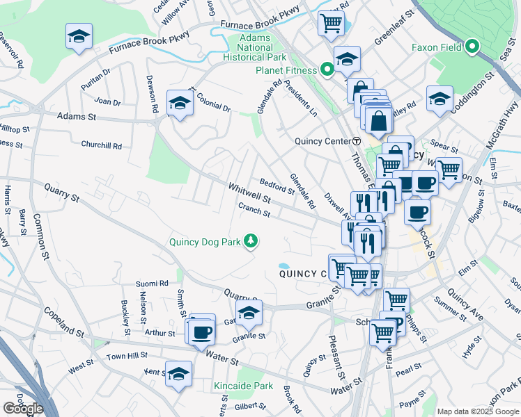 map of restaurants, bars, coffee shops, grocery stores, and more near 46 Cranch Street in Quincy