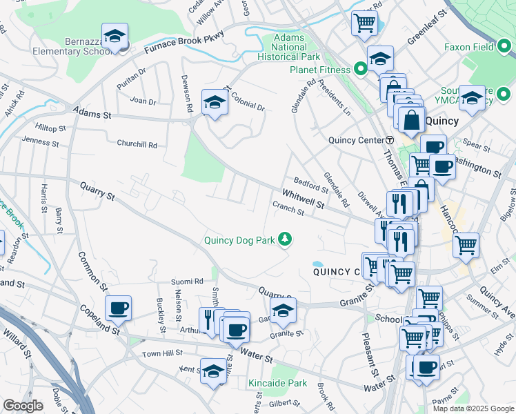 map of restaurants, bars, coffee shops, grocery stores, and more near 7 Rockview Road in Quincy