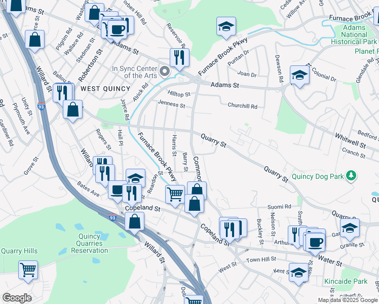 map of restaurants, bars, coffee shops, grocery stores, and more near 25 Dunns Hill Road in Quincy