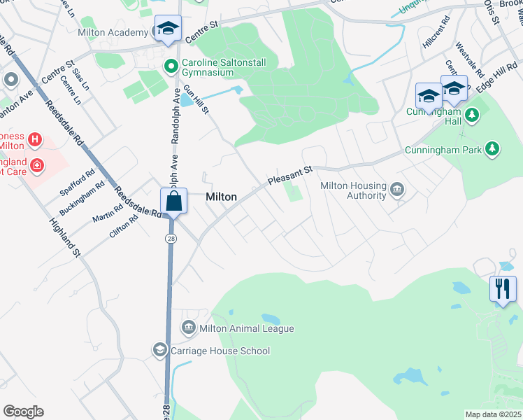map of restaurants, bars, coffee shops, grocery stores, and more near 18 Lyman Road in Milton
