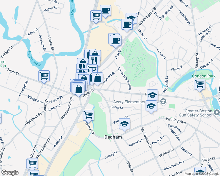 map of restaurants, bars, coffee shops, grocery stores, and more near 449 High Street in Dedham