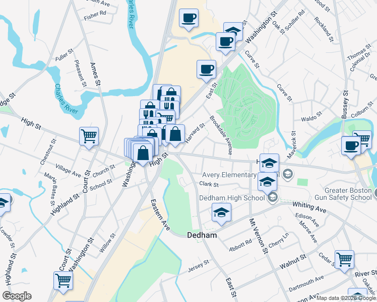 map of restaurants, bars, coffee shops, grocery stores, and more near 104 Harvard Street in Dedham