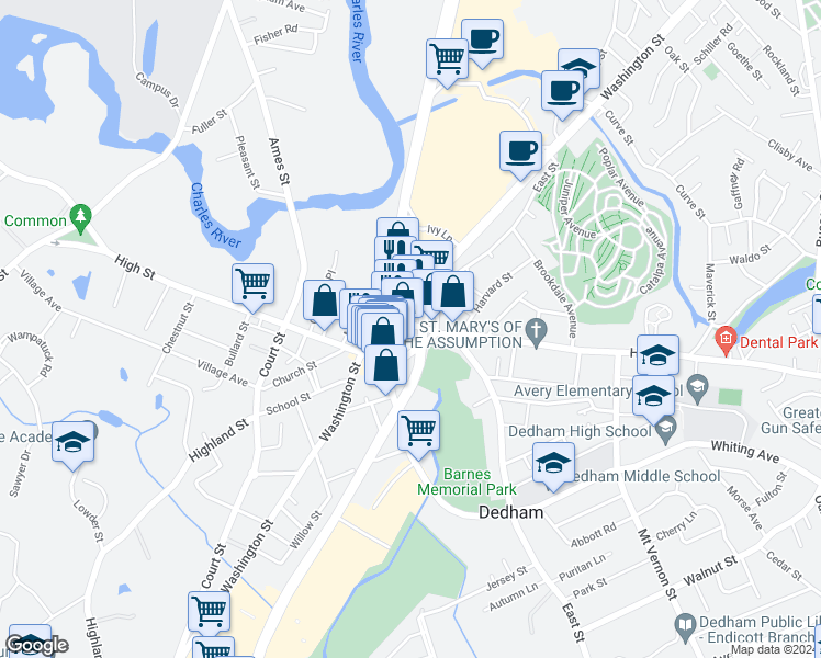 map of restaurants, bars, coffee shops, grocery stores, and more near 22 Harris Street in Dedham