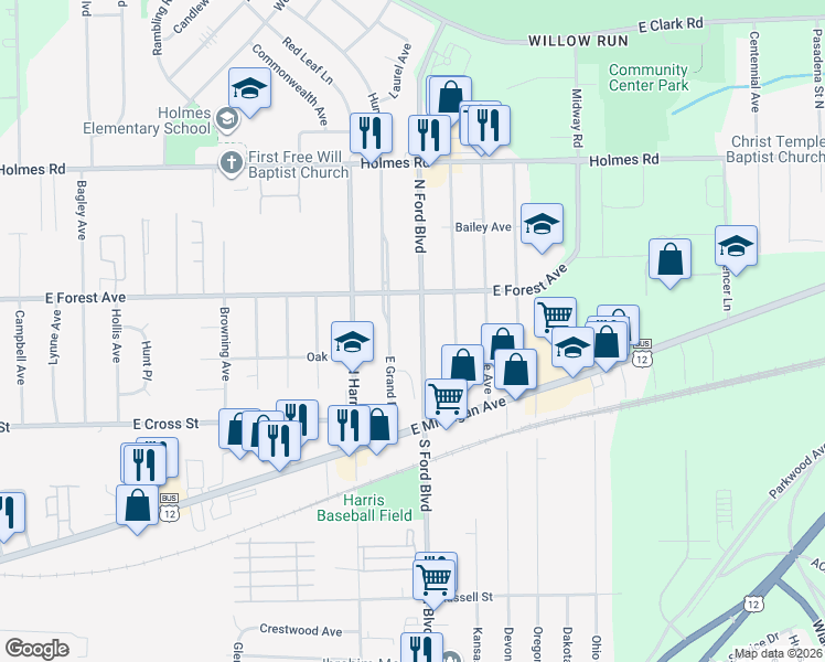 map of restaurants, bars, coffee shops, grocery stores, and more near 554 East Grand Boulevard in Ypsilanti